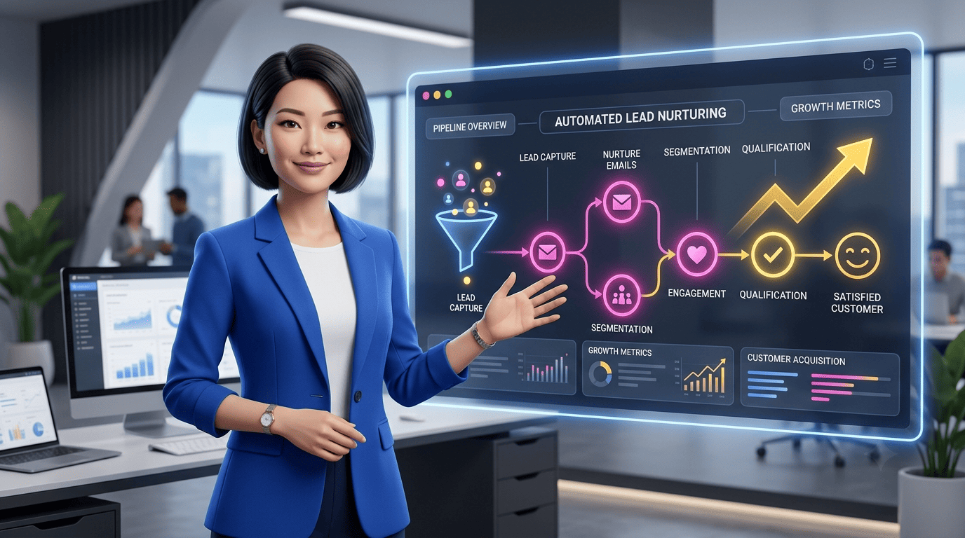 Marketing strategist presenting an automated lead-nurturing pipeline from lead capture to satisfied customer