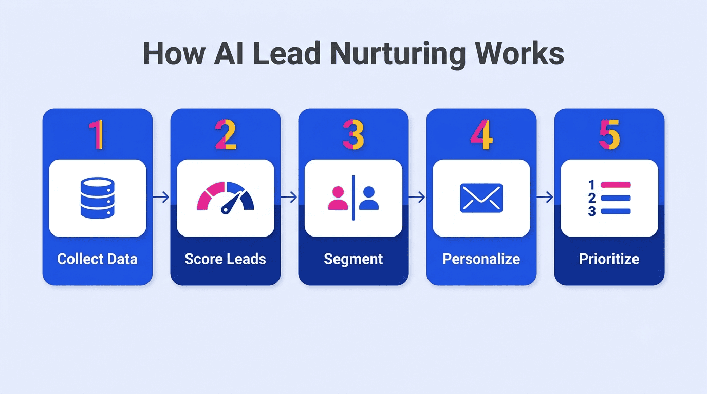 Five-step AI lead nurturing process diagram: collect data, score leads, segment, personalize, prioritize
