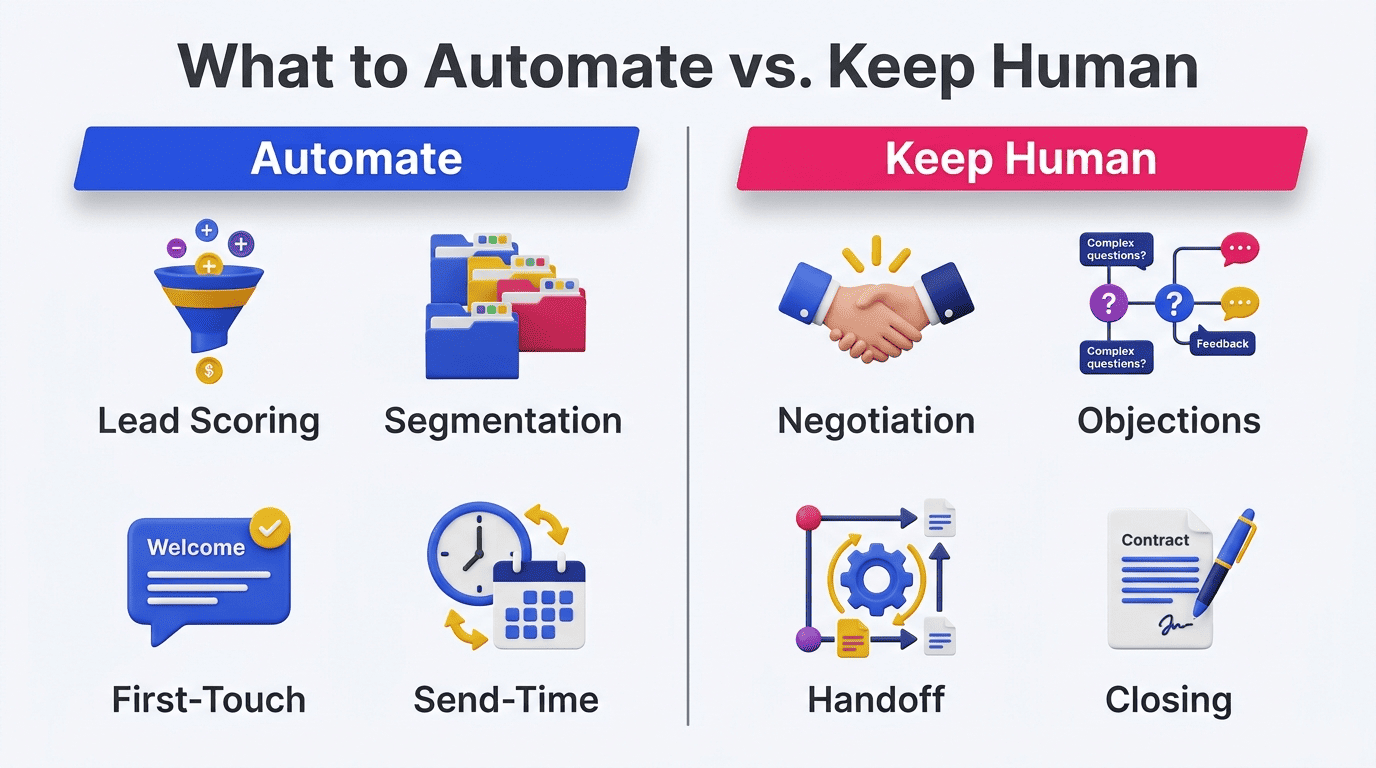 Comparison of tasks to automate versus tasks to keep human in AI lead nurturing