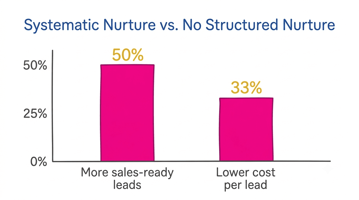 Bar chart comparing systematic nurture versus no structured nurture: 50% more sales-ready leads, 33% lower cost per lead