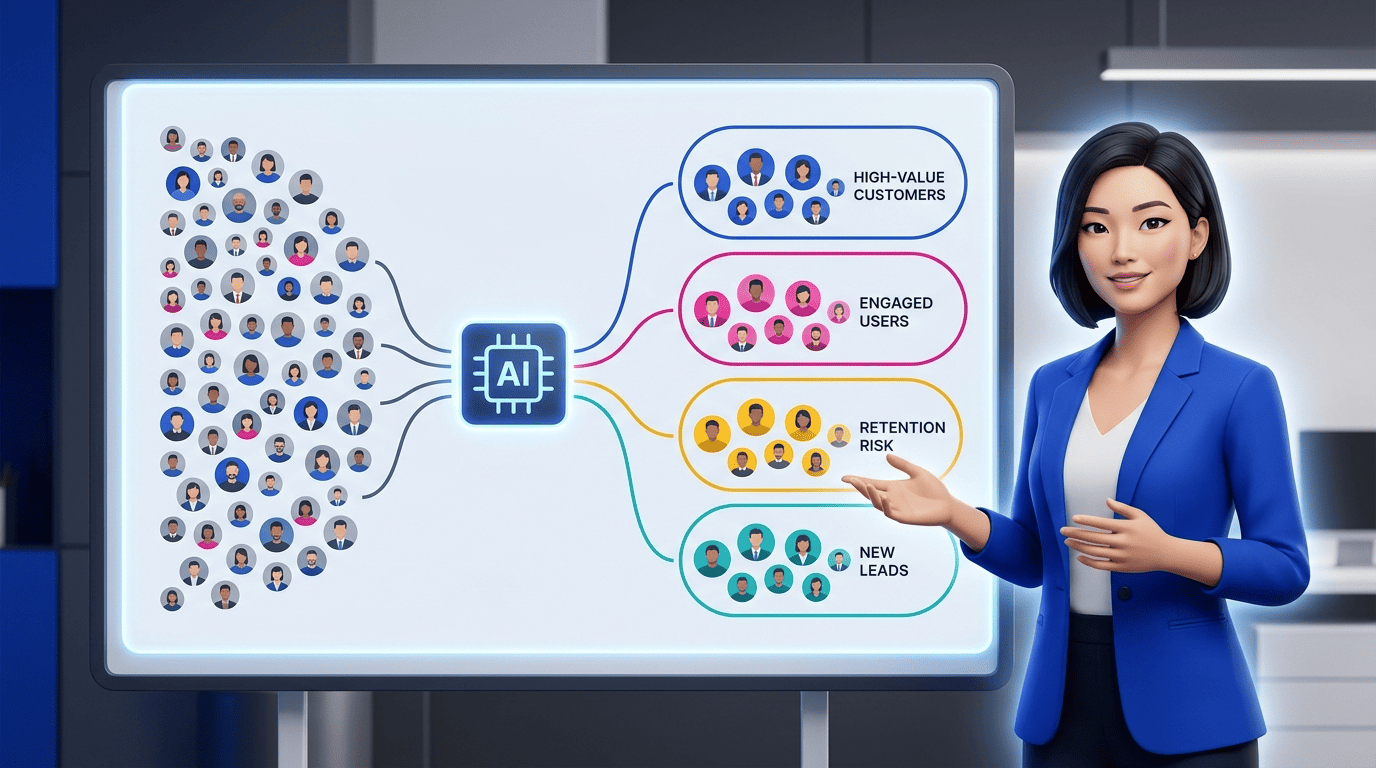 AI sorting a mixed customer crowd into four labeled audience segments