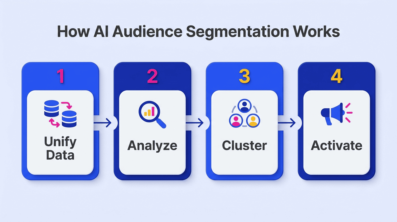 Four-step AI audience segmentation process diagram: unify data, analyze, cluster, activate