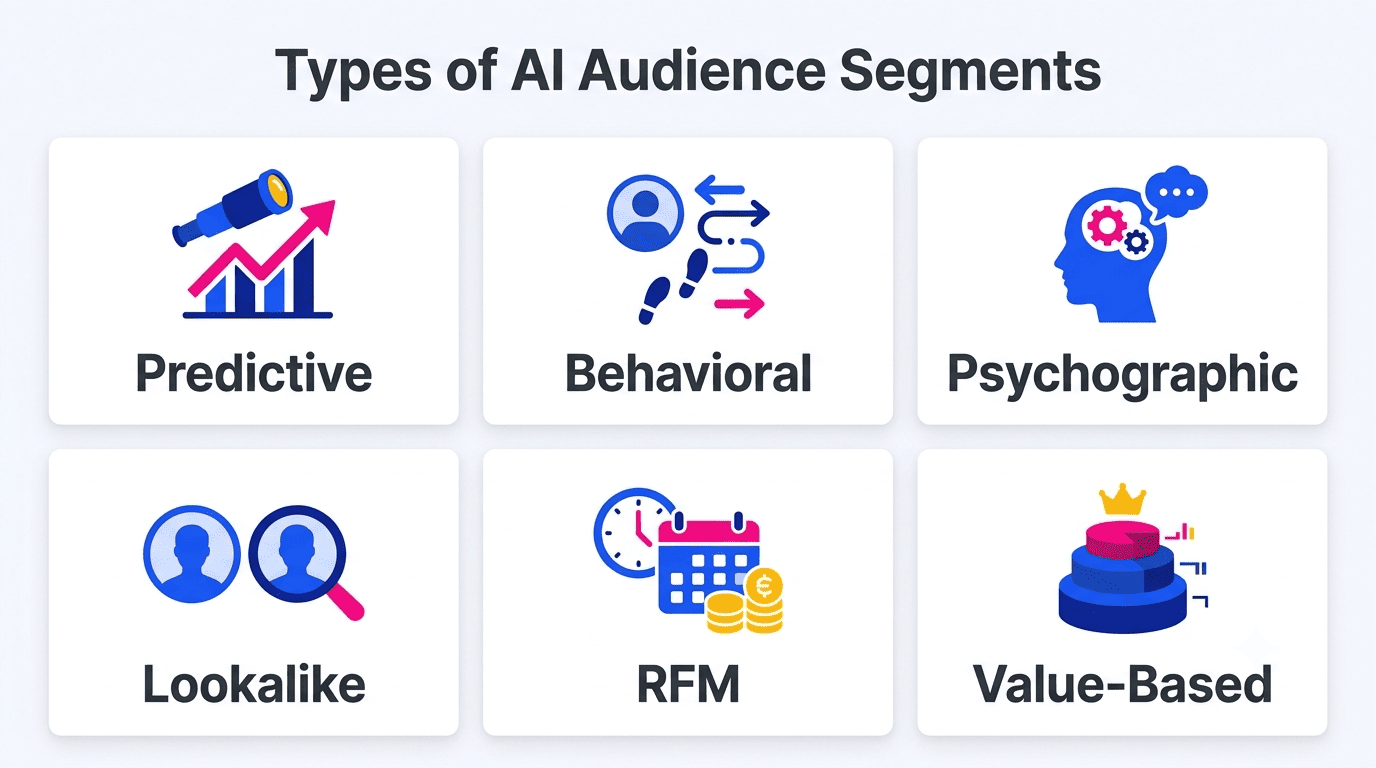 Grid of six AI audience segment types: predictive, behavioral, psychographic, lookalike, RFM, value-based