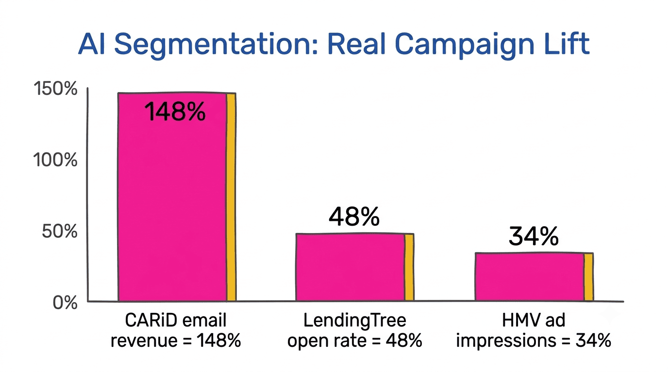 Bar chart of campaign lift from AI segmentation: CARiD 148%, LendingTree 48%, HMV 34%