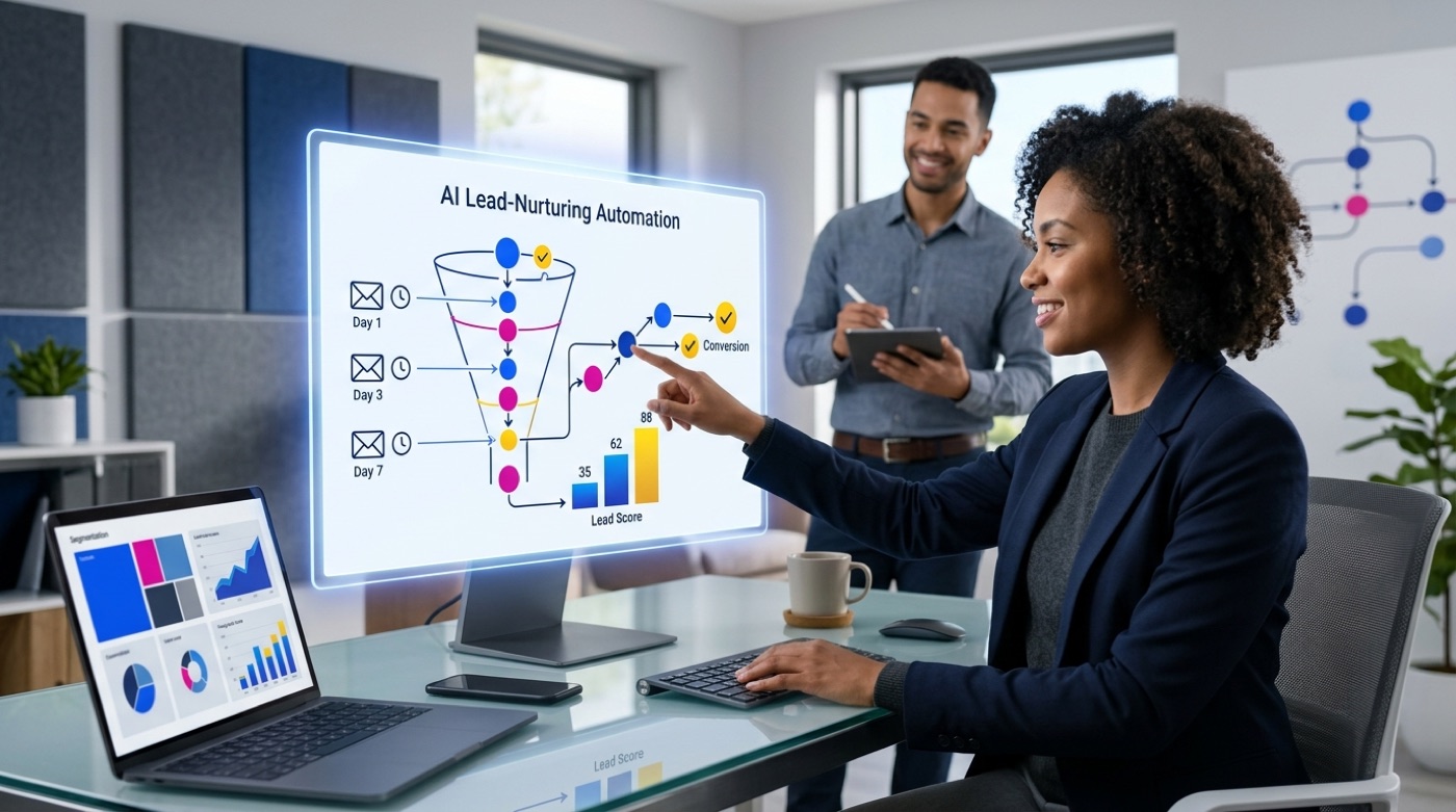 A lead-nurturing funnel with timed drip messages, rising lead scores and contacts progressing toward conversion