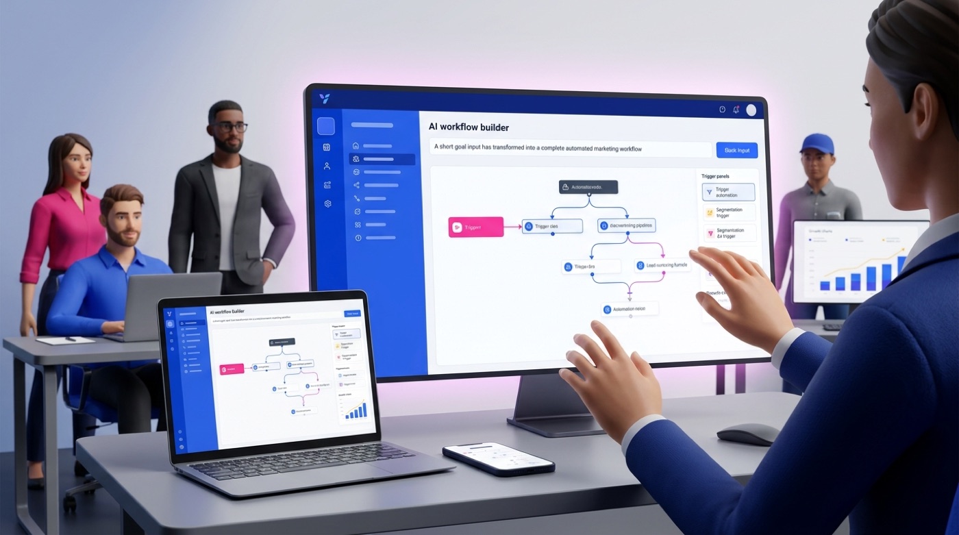 A visual marketing automation workflow of connected nodes, triggers and branching if/then paths on a bright screen