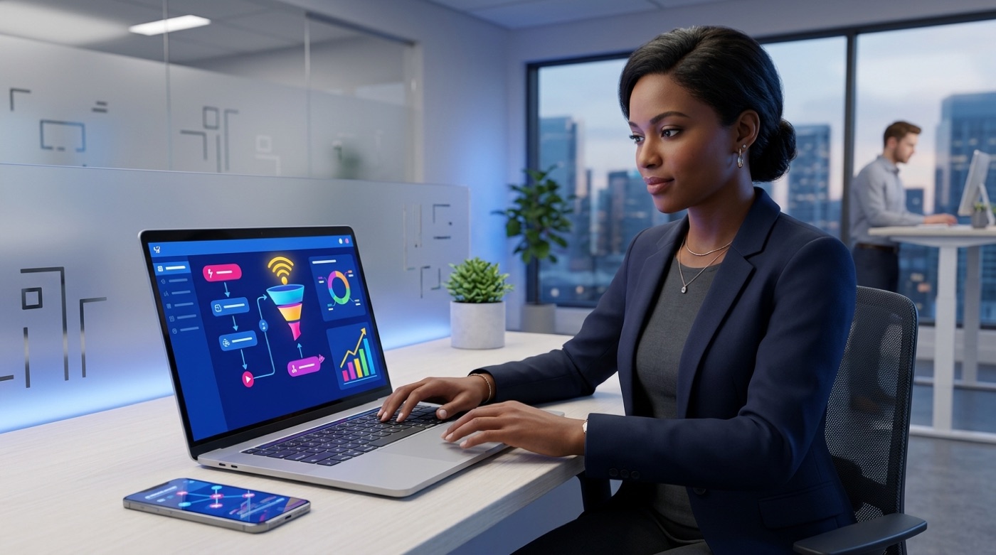 A marketer using an AI marketing automation assistant that builds automated campaigns, with a workflow builder, drip sequence and lead funnel on screen