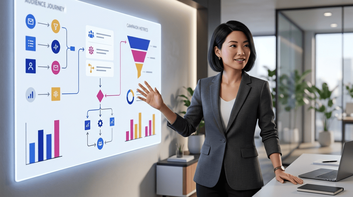 A marketing strategist walking through real AI marketing automation campaign examples on a wall display