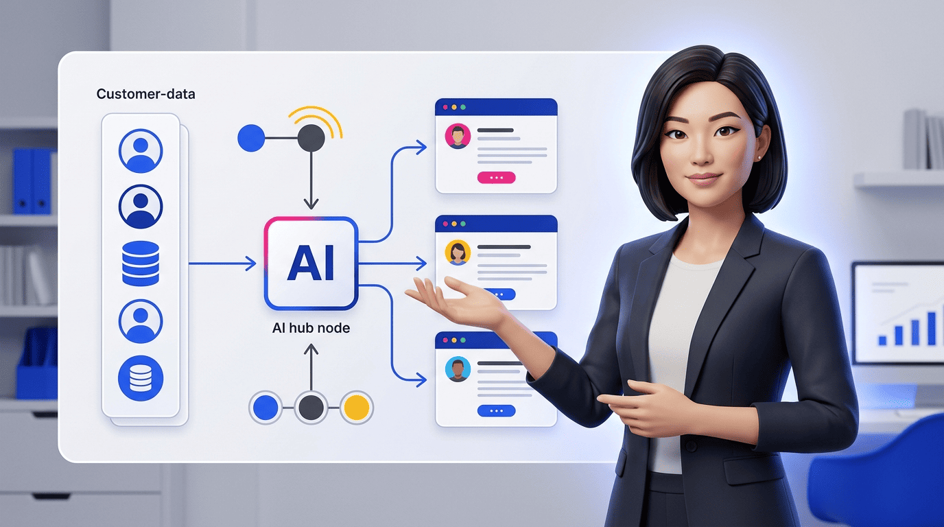 AI email automation pipeline: customer data flows into an AI hub that fans out into personalized emails