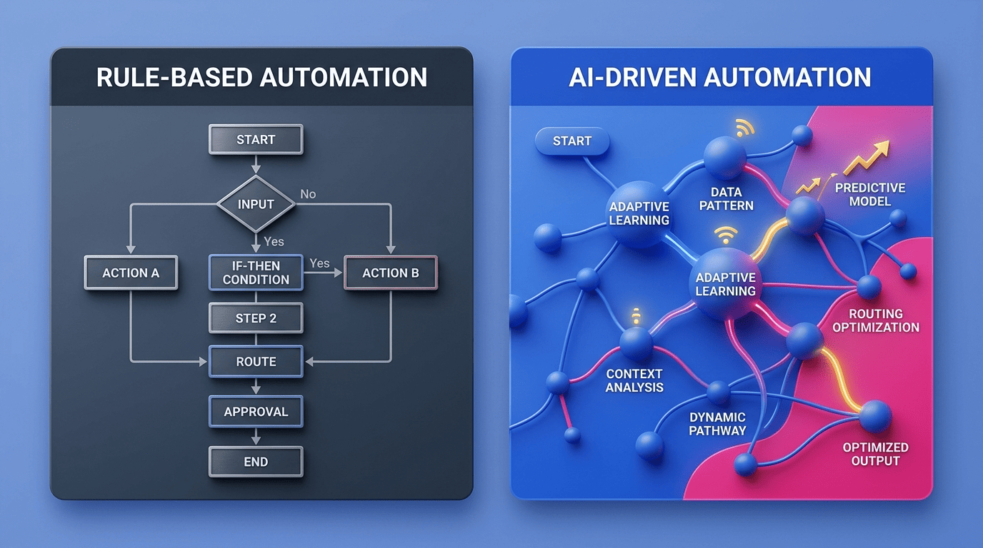 Comparison of rigid rule-based automation versus adaptive AI-driven email automation