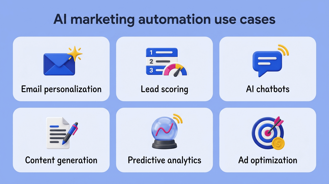 Six core AI marketing automation use cases: email personalization, lead scoring, chatbots, content generation, predictive analytics, ad optimization