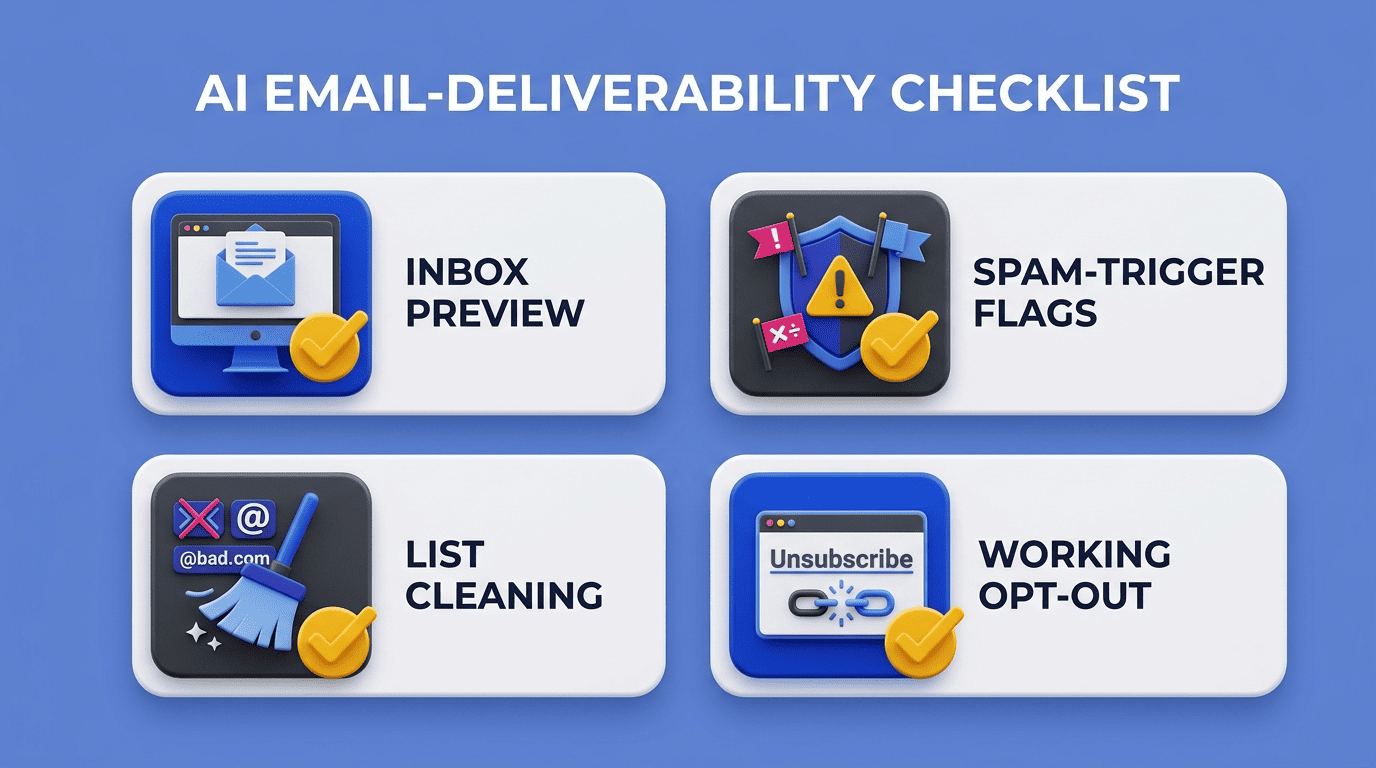 AI email deliverability checklist: inbox preview, spam-trigger flags, list cleaning, working opt-out