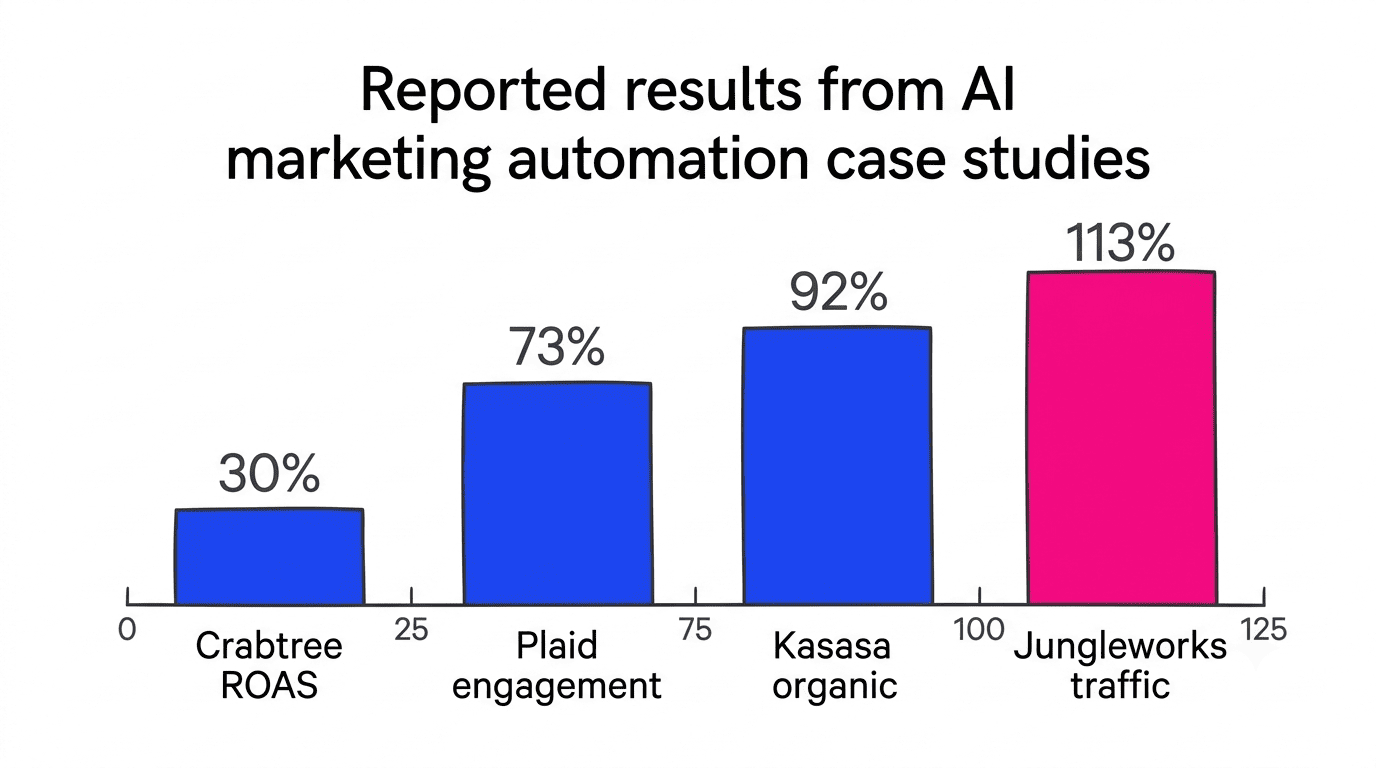 Bar chart of reported case-study results: Crabtree ROAS +30%, Plaid engagement +73%, Kasasa organic +92%, Jungleworks traffic +113%