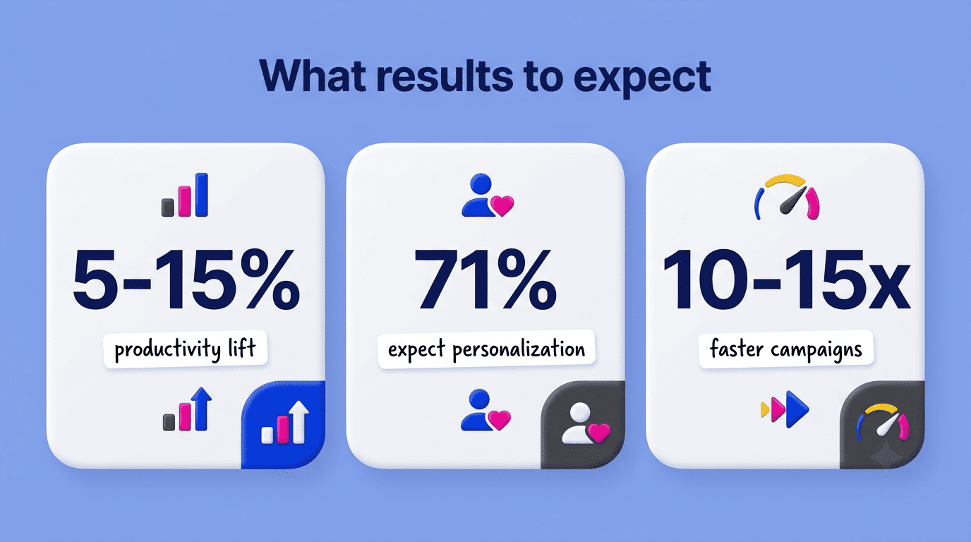 Three benchmark stats: 5-15% productivity lift, 71% of consumers expect personalization, 10-15x faster campaigns