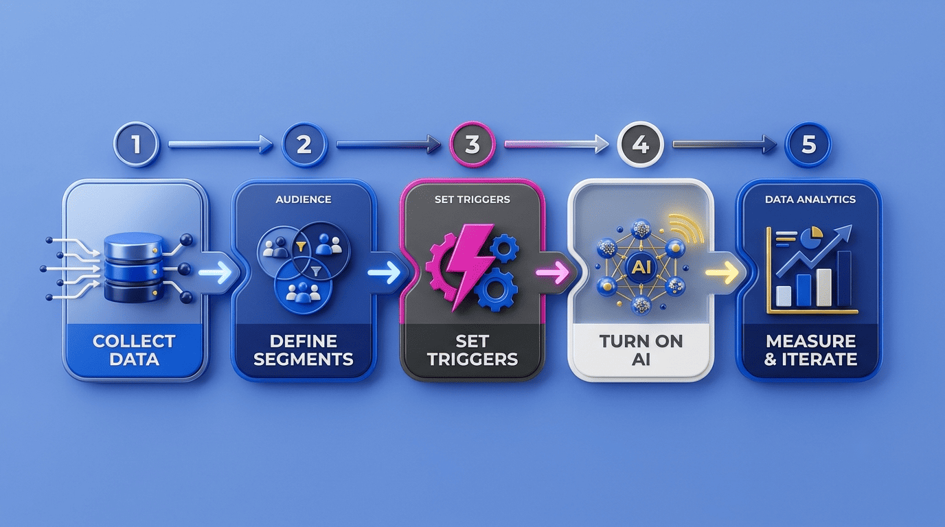 Five-step AI email automation workflow: collect data, define segments, set triggers, turn on AI, measure and iterate