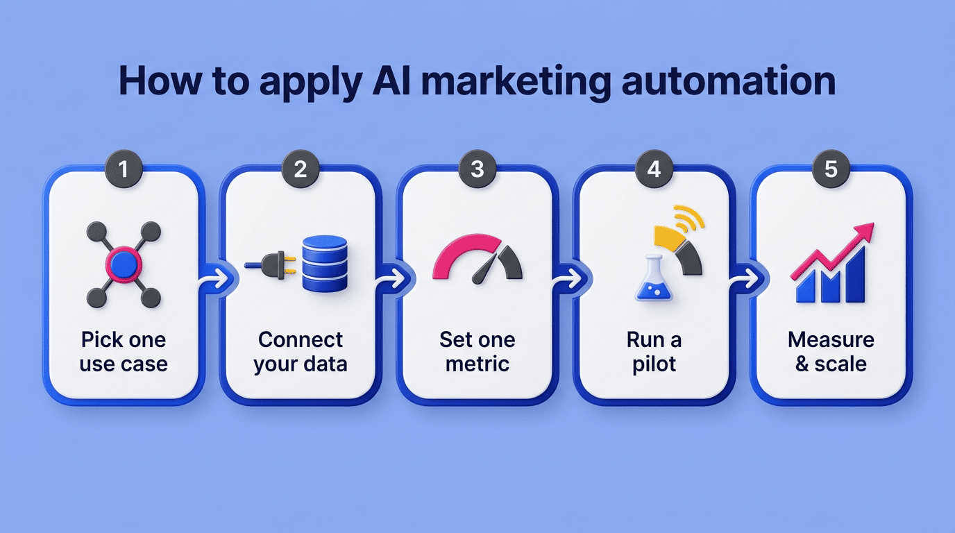 Five-step plan to apply AI marketing automation: pick one use case, connect data, set one metric, run a pilot, measure and scale