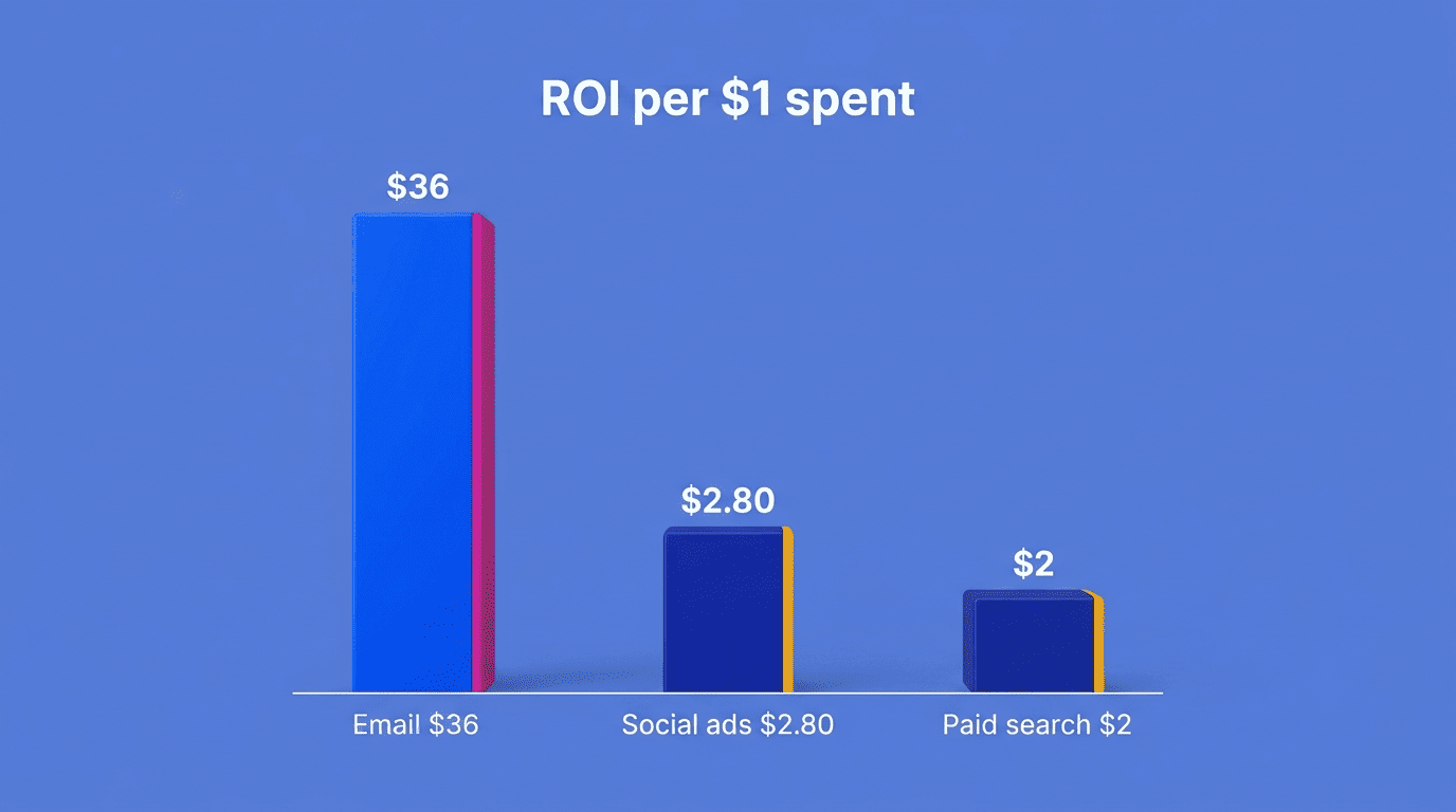 Bar chart comparing ROI per dollar spent: email $36 versus social ads $2.80 and paid search $2