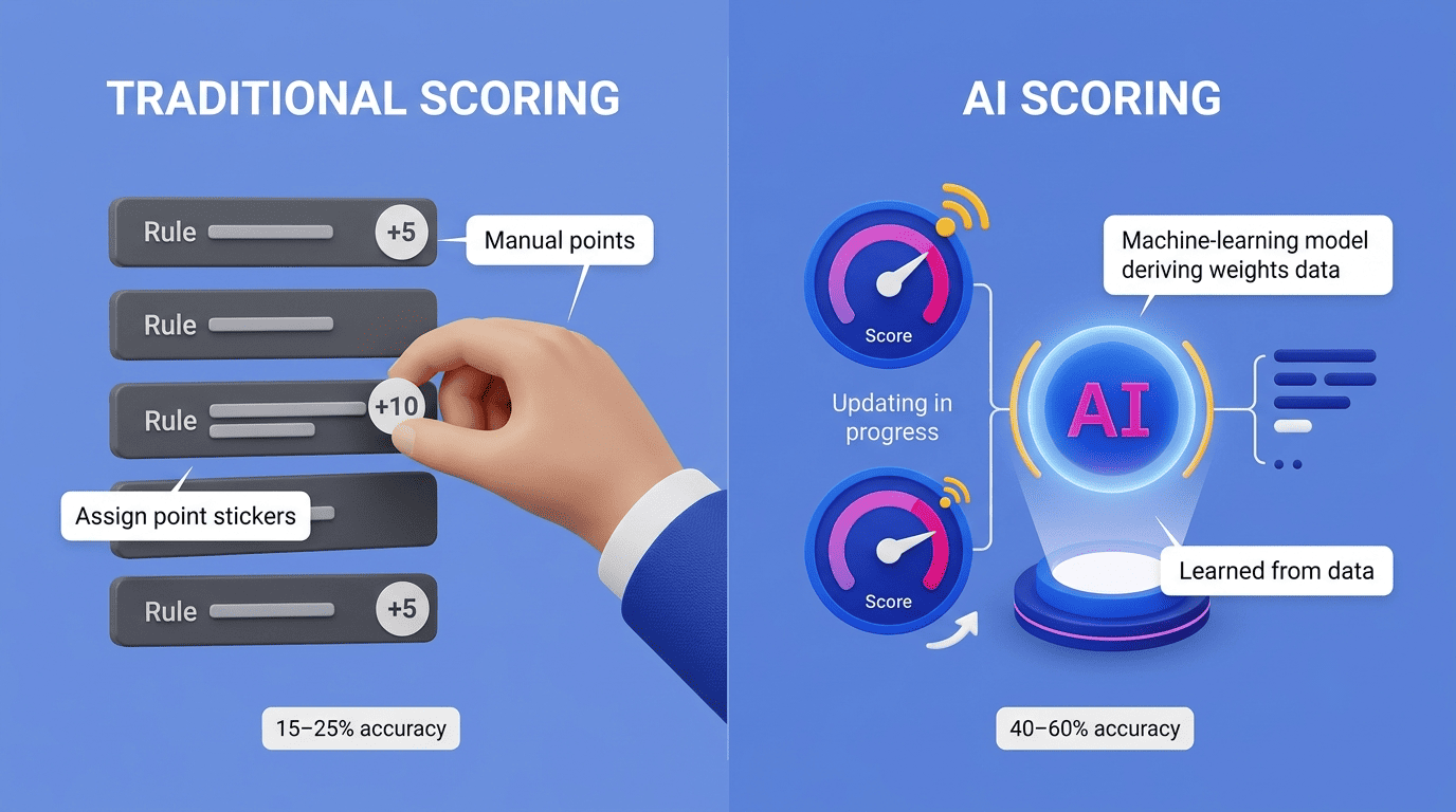 Comparison of traditional manual point-based scoring versus AI scoring that learns weights from data