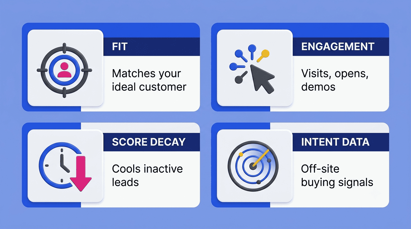 Four AI lead scoring signals: fit, engagement, score decay, and intent data