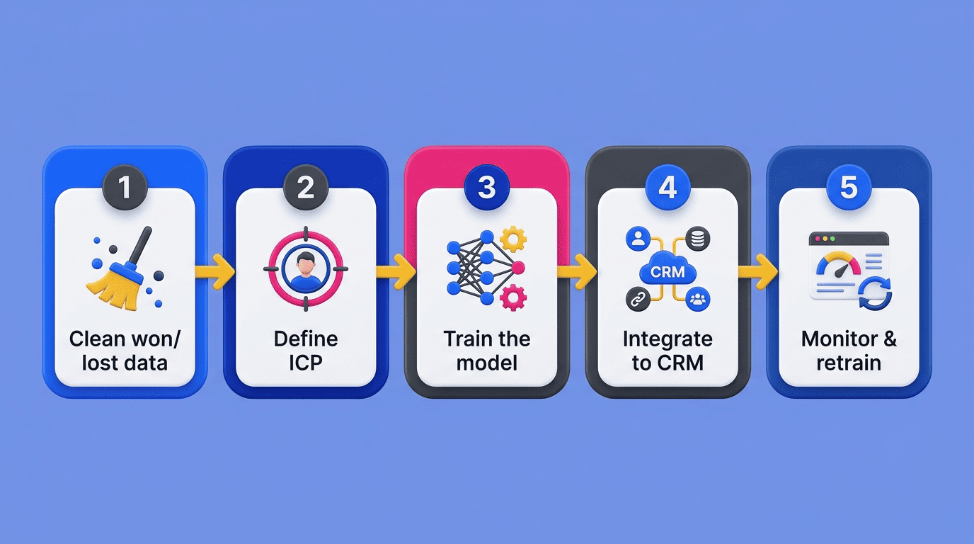 Five-step roadmap to implement AI lead scoring, from cleaning won/lost data to monitor and retrain
