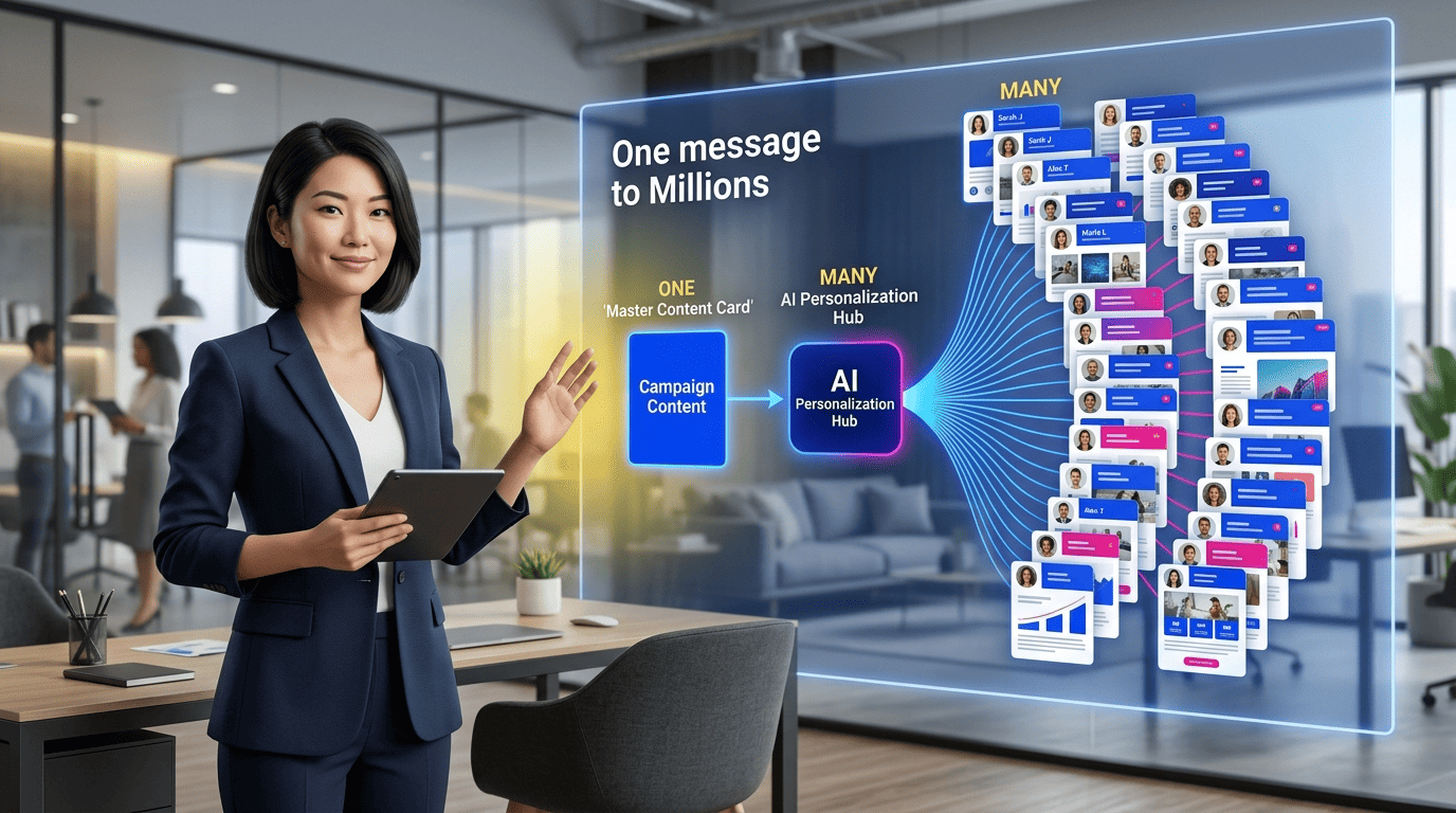 One campaign message fanning out through an AI hub into millions of individually personalized versions