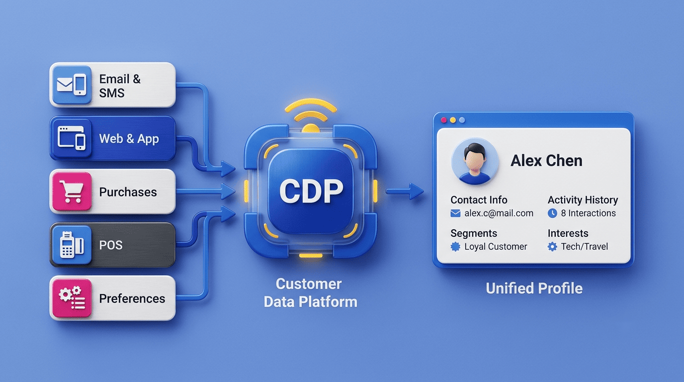 Five first-party data sources flowing into a customer data platform to form one unified profile