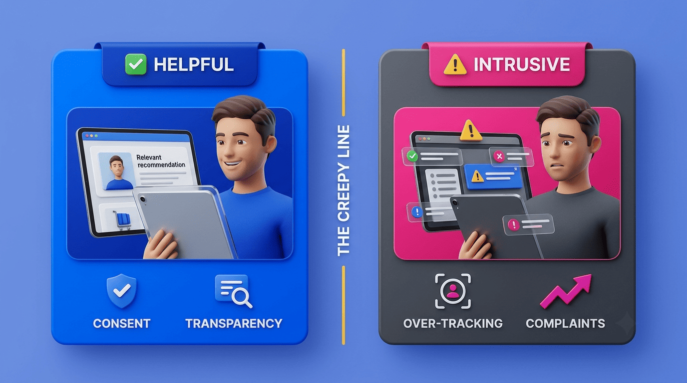 Comparison of helpful personalization (consent, transparency) versus intrusive personalization (over-tracking, complaints) across the creepy line