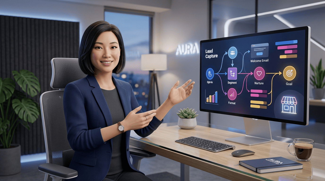 A small-business marketing strategist running an automated email-to-nurture workflow on one screen
