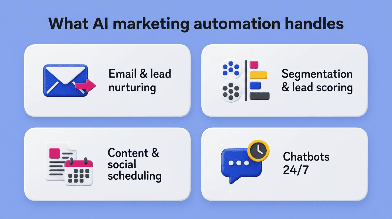 Four core marketing tasks AI automation handles: email nurturing, segmentation and scoring, content and social scheduling, and 24/7 chatbots