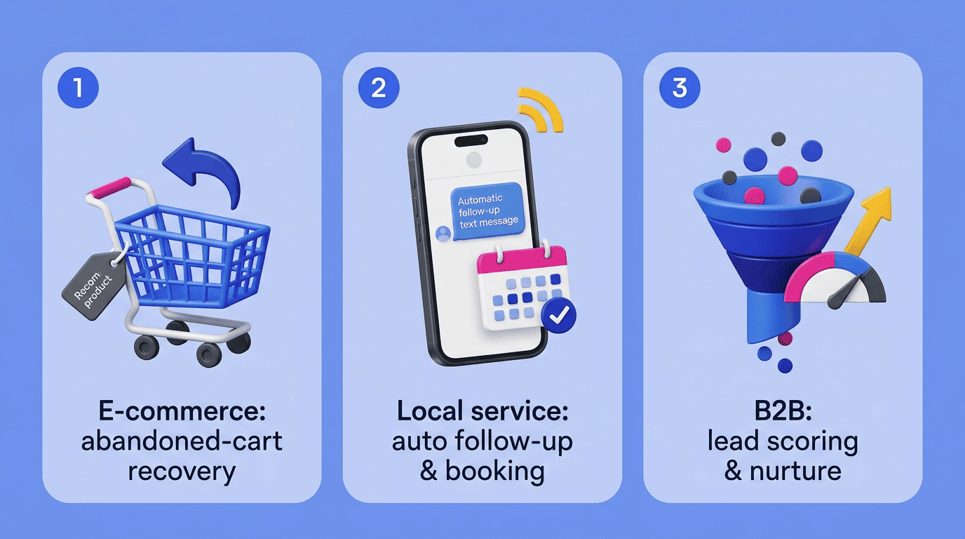 Three AI marketing automation use cases: e-commerce cart recovery, local service follow-up and booking, and B2B lead scoring