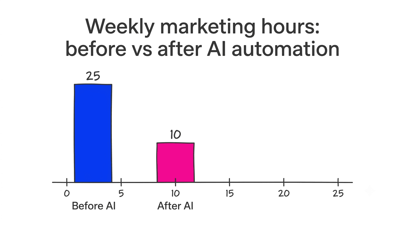 Bar chart comparing weekly marketing hours before AI automation (25 hours) and after (10 hours)