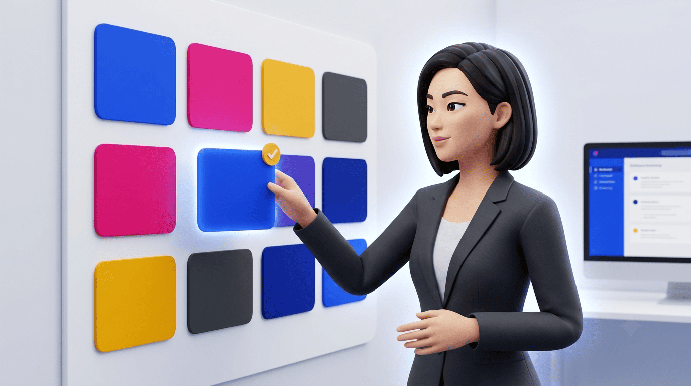 Marketing strategist selecting the best AI marketing automation tool from a grid of options