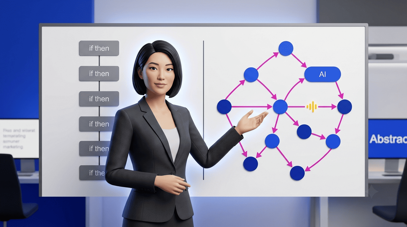Marketing strategist presenting a rigid if/then rule chain beside an adaptive AI node network