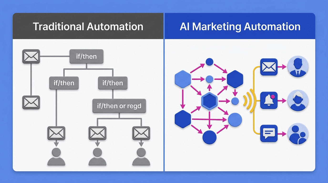Side-by-side comparison of rigid traditional rule-tree automation versus adaptive AI marketing automation network