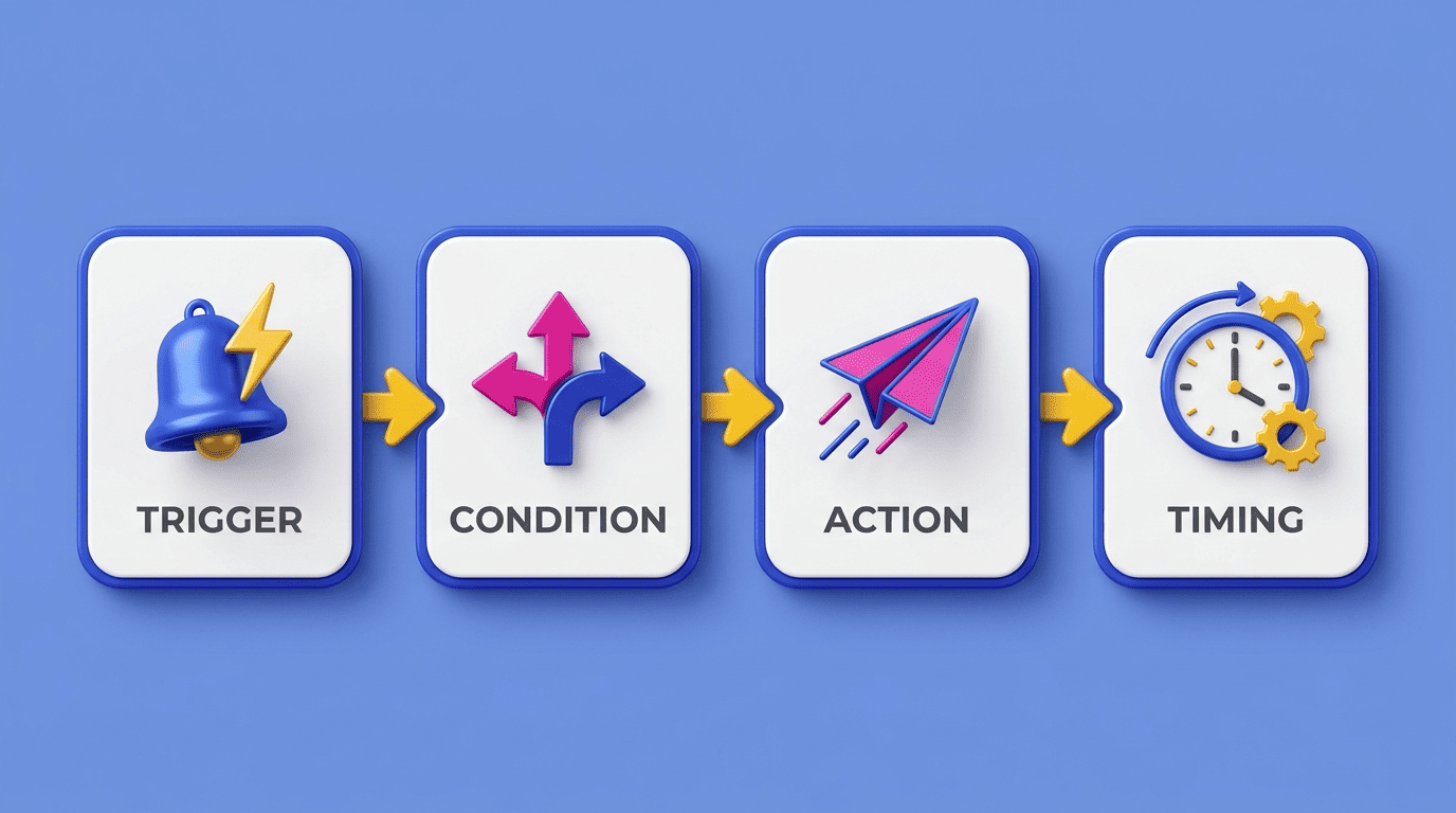 Four-step workflow anatomy diagram: trigger, condition, action, timing connected by arrows