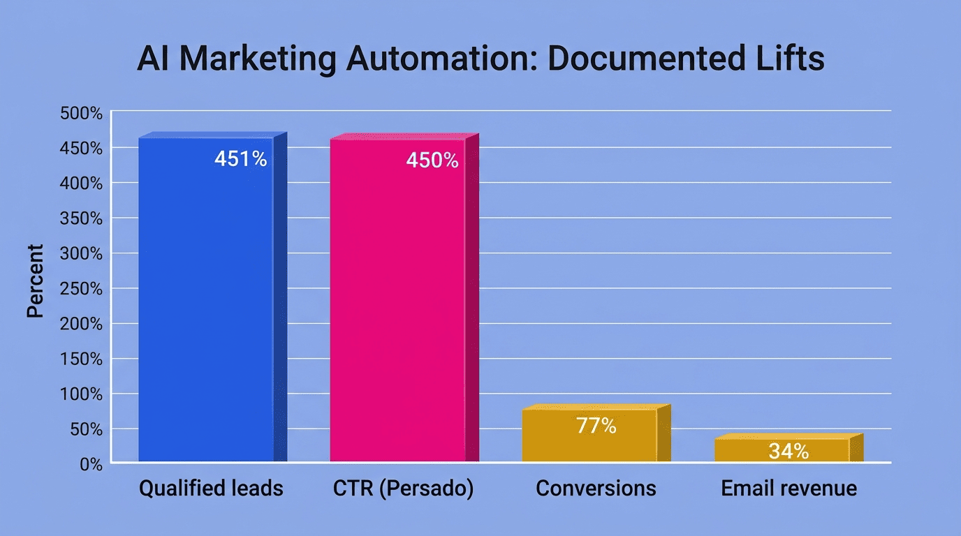 Bar chart of documented AI marketing automation lifts: qualified leads 451%, Persado CTR 450%, conversions 77%, email revenue 34%