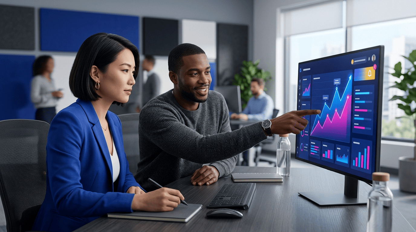 Marketer and colleague reviewing a rising ROI dashboard, illustrating human-in-the-loop measurement of workflow results